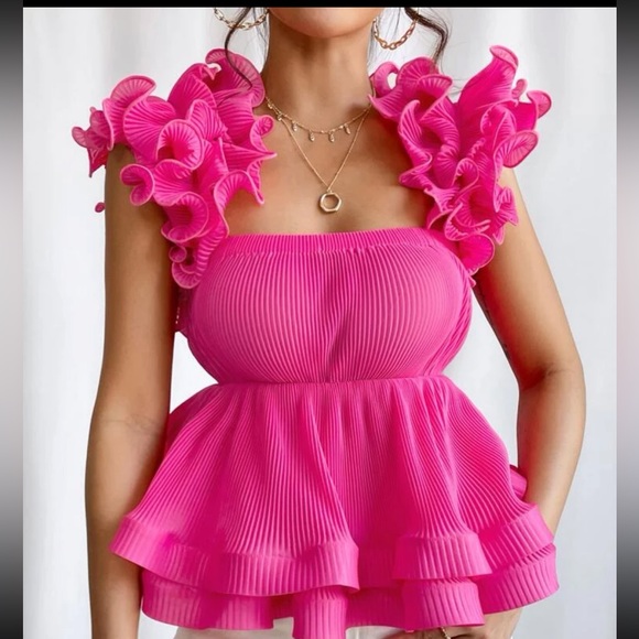Hot Pink Ruffle Peplum Top Blouse Shirt - Picture 4 of 6